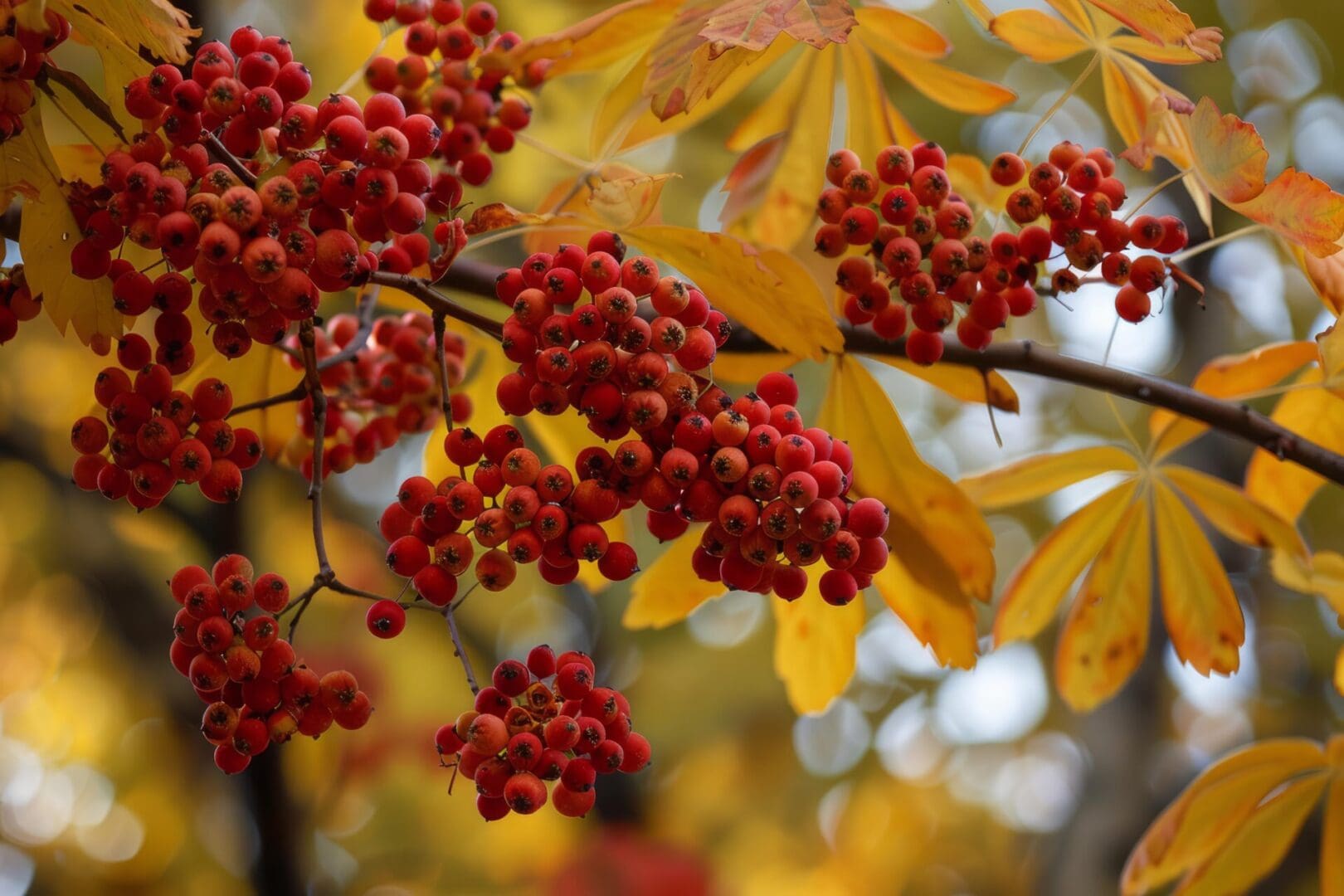 Whorled, yellow, sword shaped leaves on a brown branch with clusters of red berries