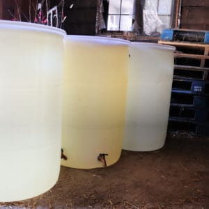 3 clear rain barrels side by side with spigot