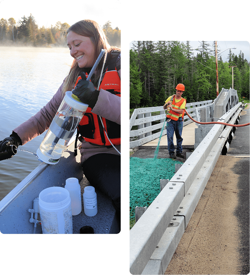 People fishing on a boat and a boy walking on a dock with fishing gear.